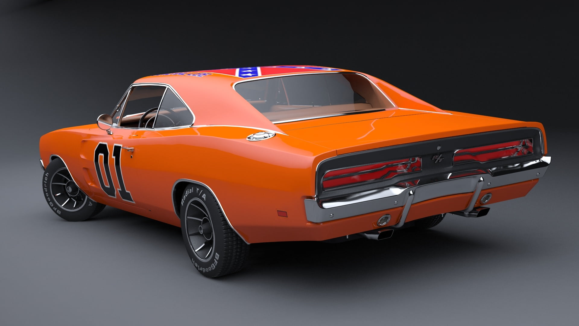 General Lee 1969 Dodge Charger Fundo de tela do General Lee, o icônico Dodge Charger 1969 laranja com o número 01, visto de trás em um estúdio cinza.