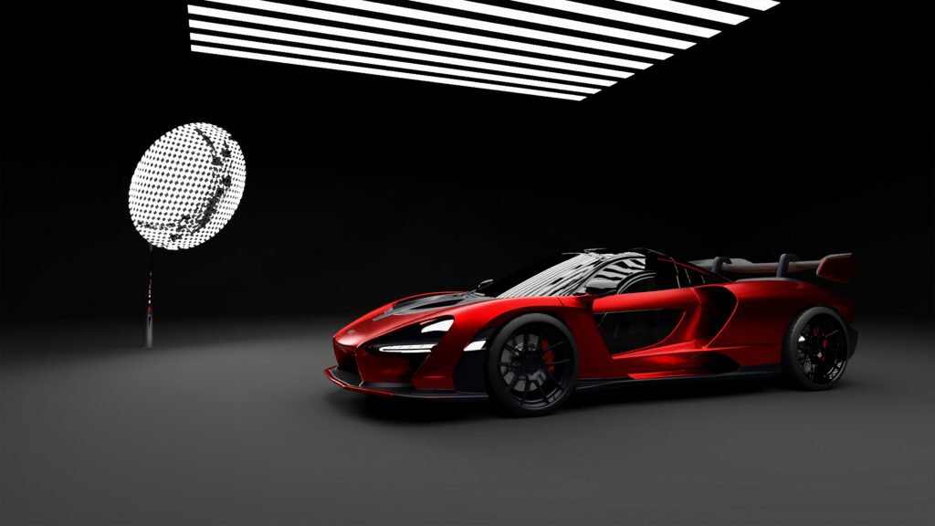 Papel de parede de um hypercarro McLaren Senna na cor vermelha (Volcano Red), em um estúdio de fotografia escuro com iluminação de LED moderna.
